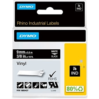 Group One Dymo 1805437 - 3/8" White on Black Vinyl Tape
